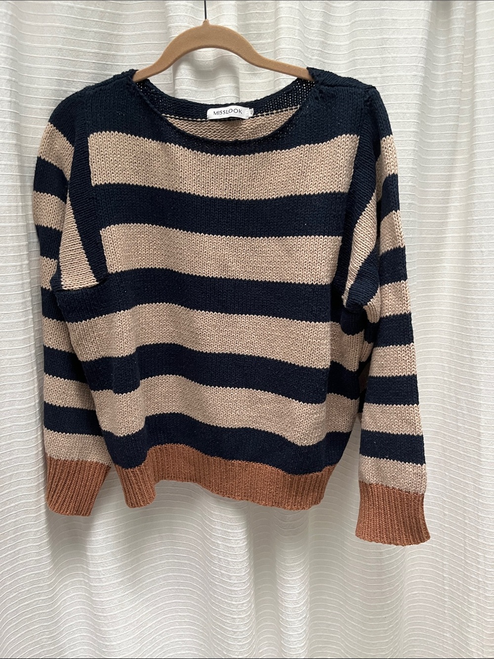 MISSLOOK Navy, Beige & Brown Striped Crewneck Sweater